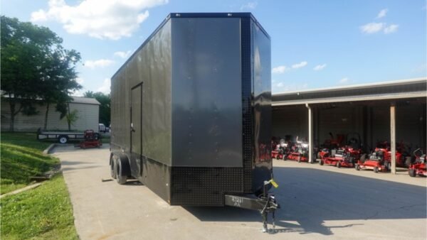 7x20 V Nose Charcoal With Black Out Trim Enclosed Trailer (2) 3500 LB Axles 9 Ft Interior height Barn Doors