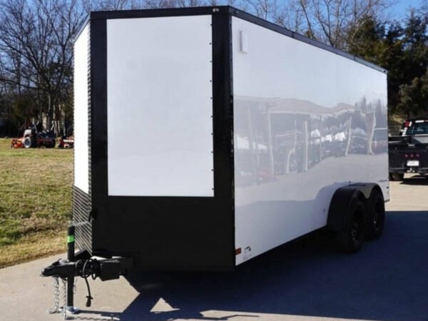 7x16 Enclosed Trailer White V-Nose Blackout Package Tandem Axle Storage